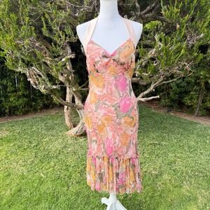 Hartnell Floral Sequin Halter Backless Midi Dress Pink Orange Green Womens Small